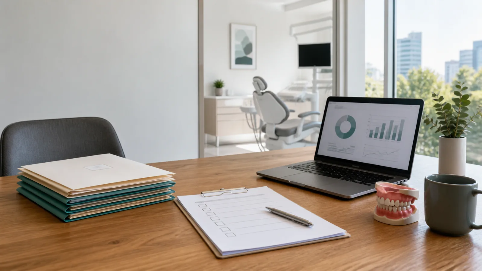 Dental practice buyer acquisition checklist with anonymized folders and dental model in an Ontario office