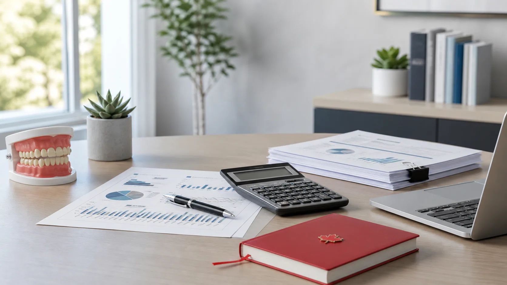 Dental practice appraisal documents, calculator, laptop and dental model on a Canadian advisory desk