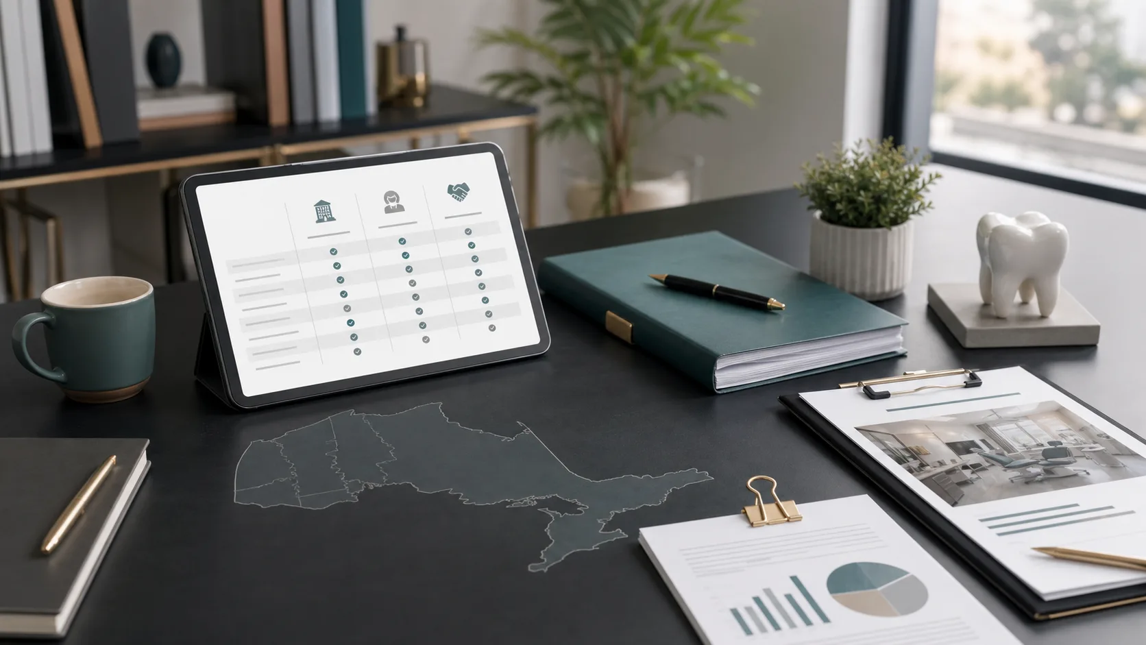 Ontario dental practice broker comparison documents and valuation notes on a professional desk