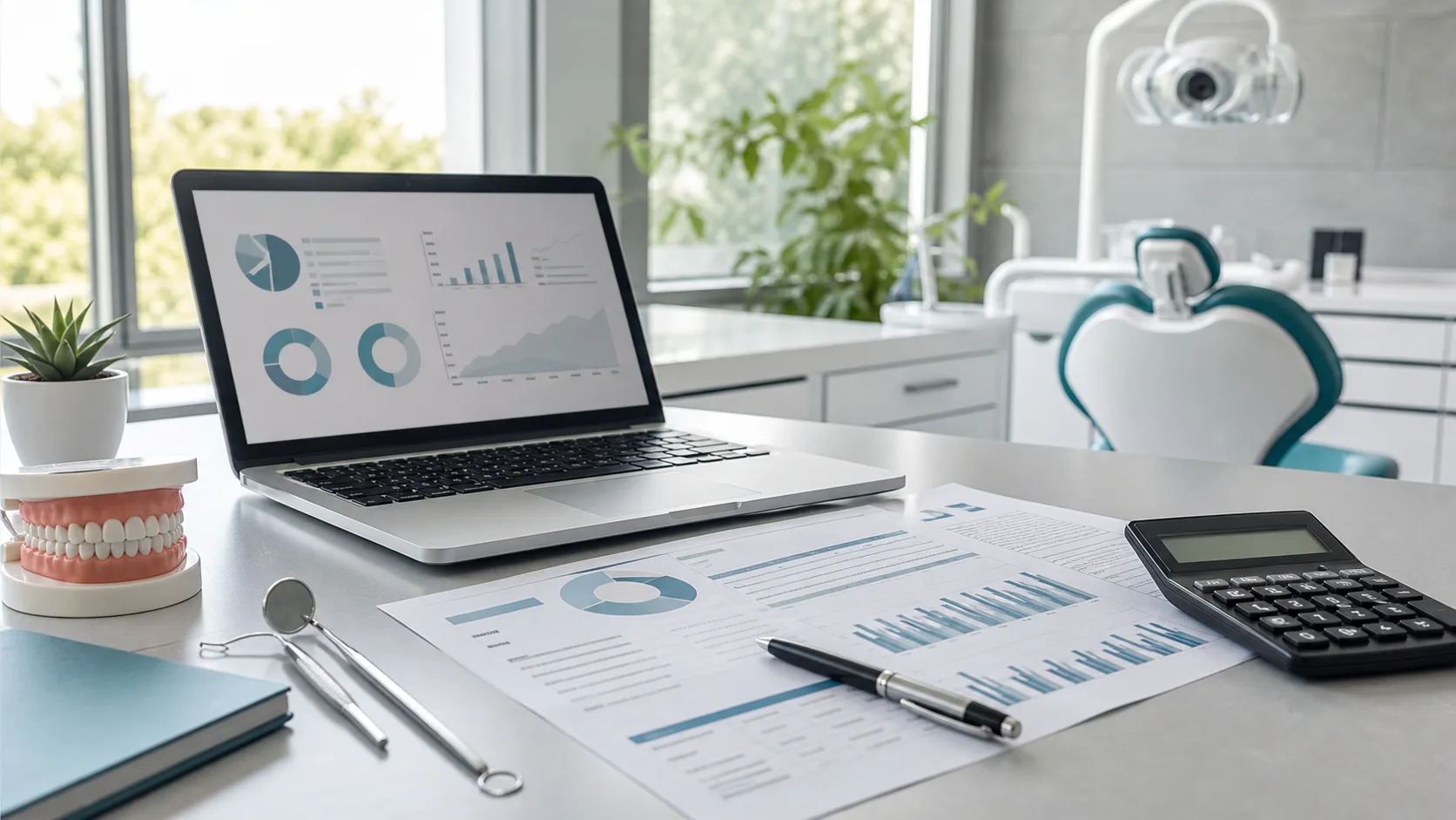 Dental practice valuation reports, charts and calculator on a consultation desk in an Ontario dental office