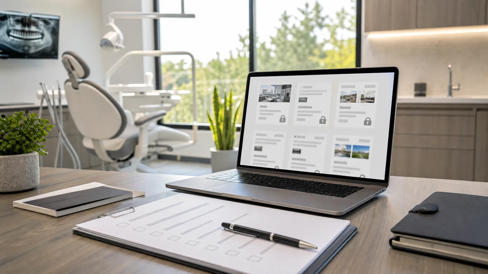 Ontario dental practice acquisition checklist beside a laptop with confidential practice listing cards