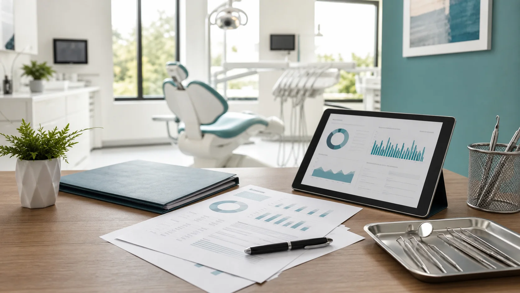 Confidential Ontario dental practice sale documents, valuation notes and dental office plans on a professional desk