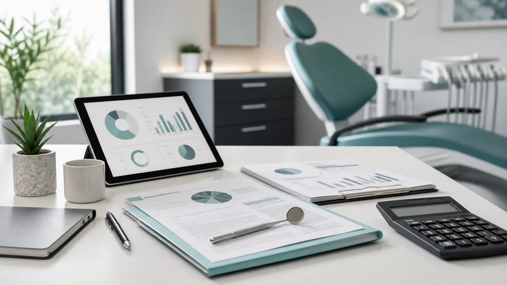 Dental practice appraisal report, calculator and charts on a consultation desk in an Ontario dental office