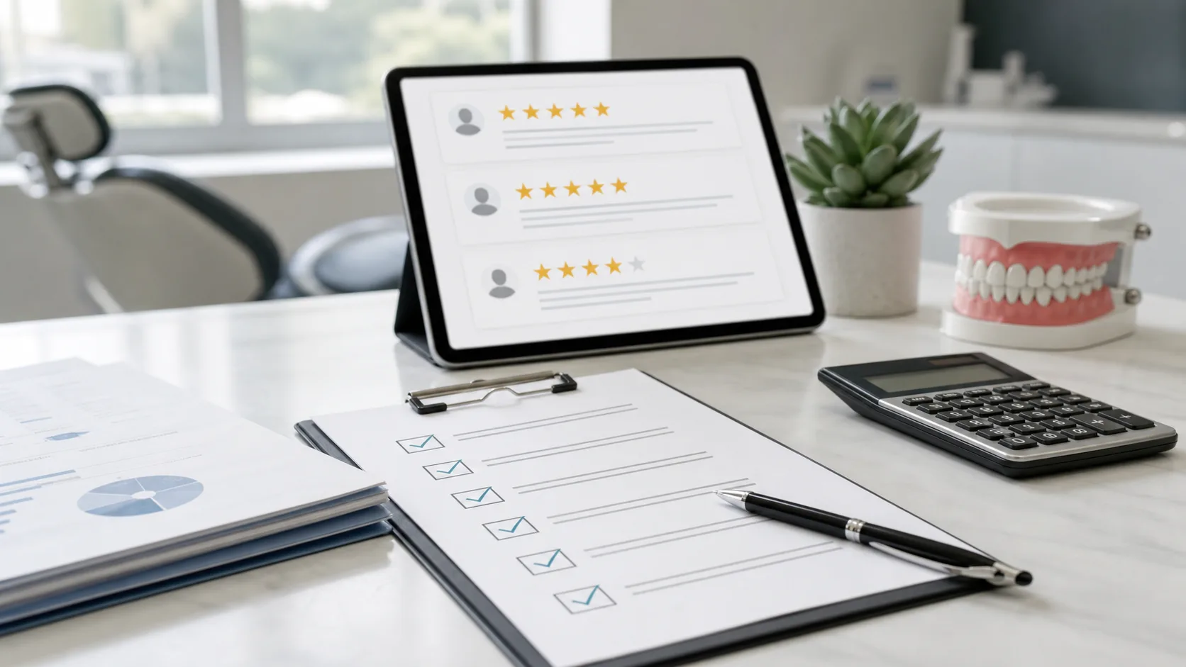 Ontario dental practice broker review checklist with anonymous ratings and practice sale documents on a consultation desk