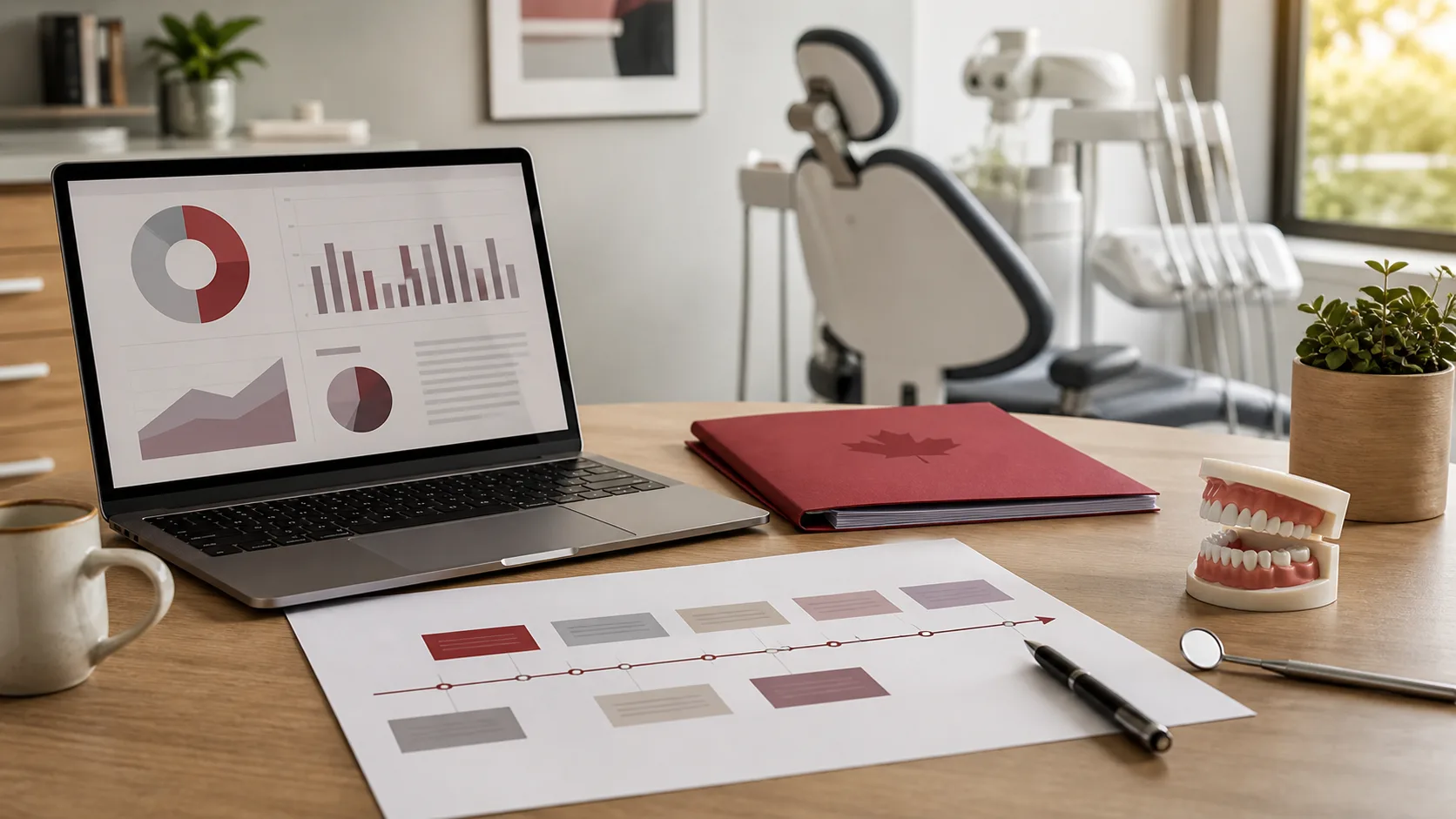Dental practice transition planning table with charts, timeline, laptop and dental model in an Ontario advisory setting