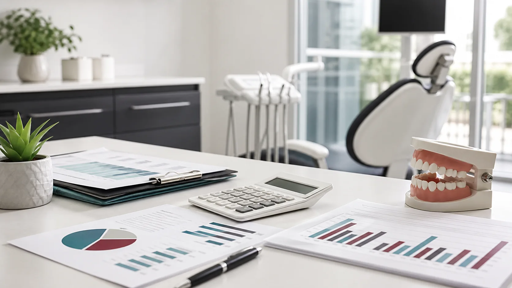 Dental practice valuation reports, calculator and charts on a consultation desk in a Canadian dental office