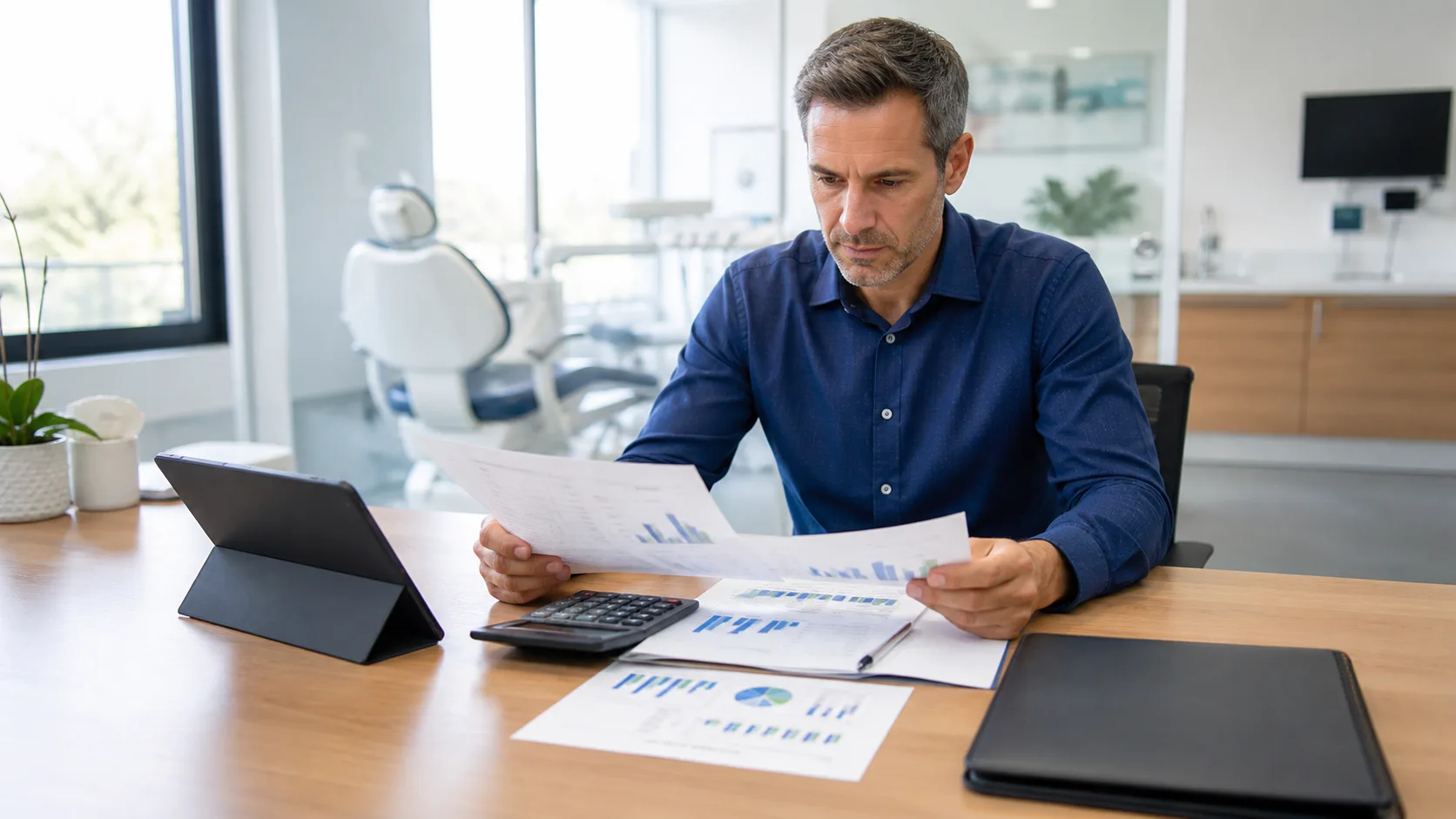 Ontario dental practice owner reviewing valuation reports, charts and a calculator in a consultation room