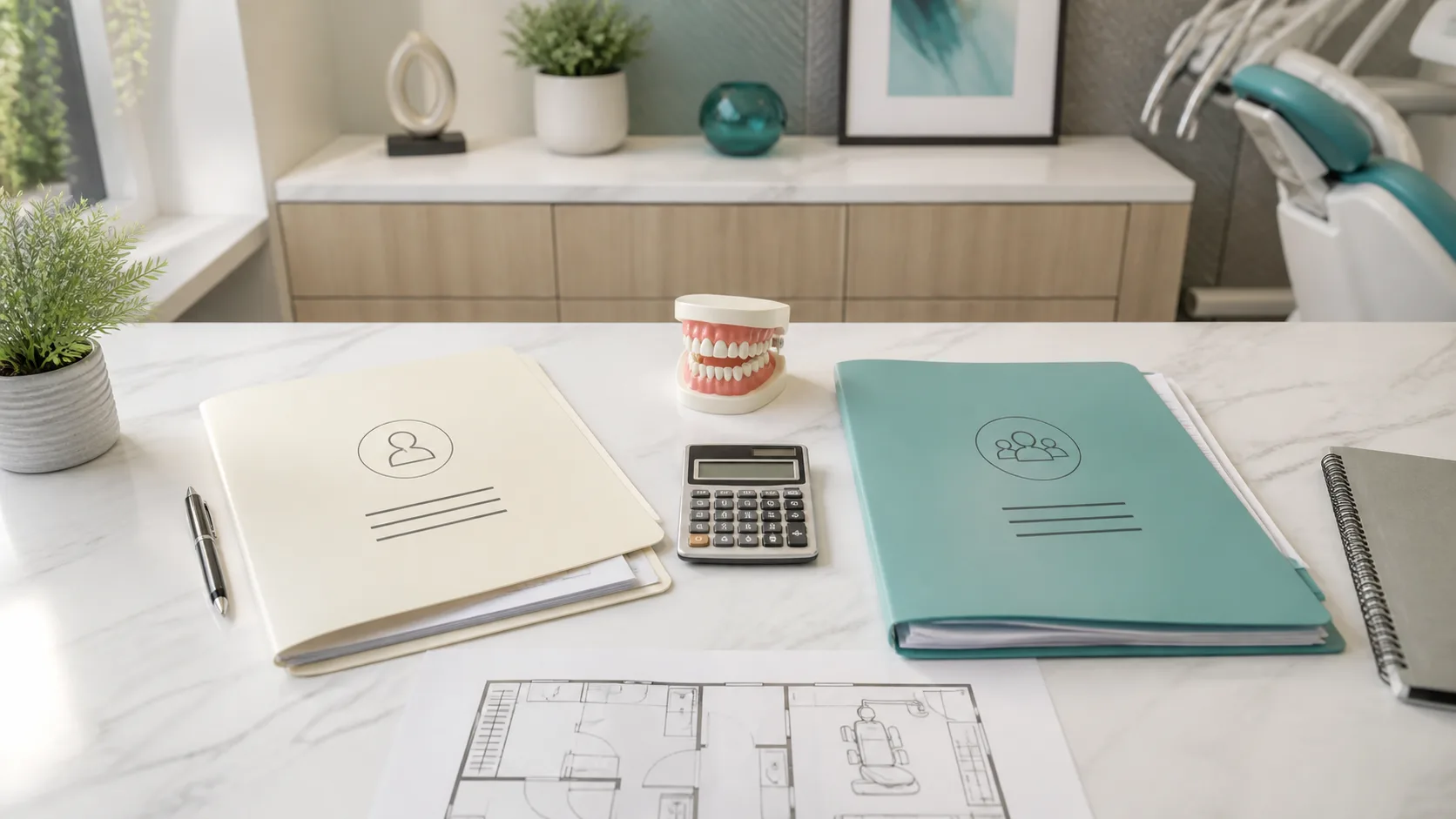 Two dental practice sale planning folders, calculator and dental model on an Ontario clinic consultation desk